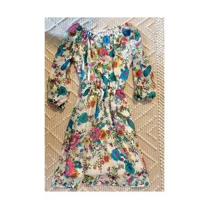 Floral Off-Shoulder Women’s Dress in White with Pink & Teal Flowers